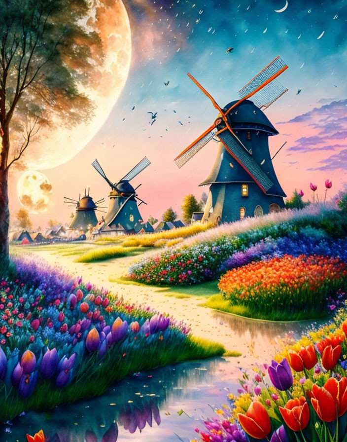 Fantasy artwork: Windmills, flowers, moon, twilight sky, birds