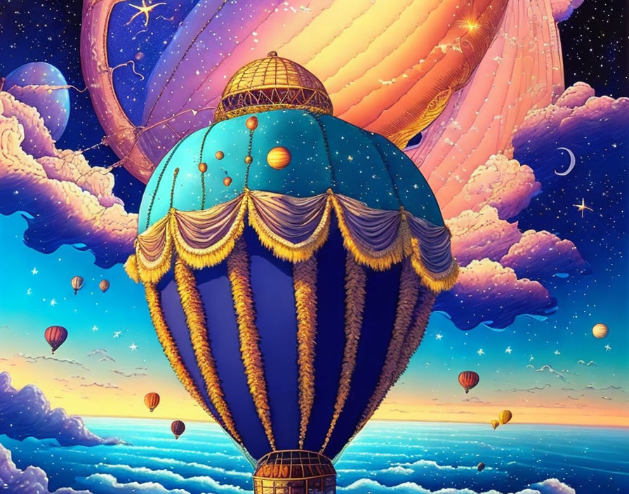 Colorful hot air balloon in twilight sky with stars and smaller balloons