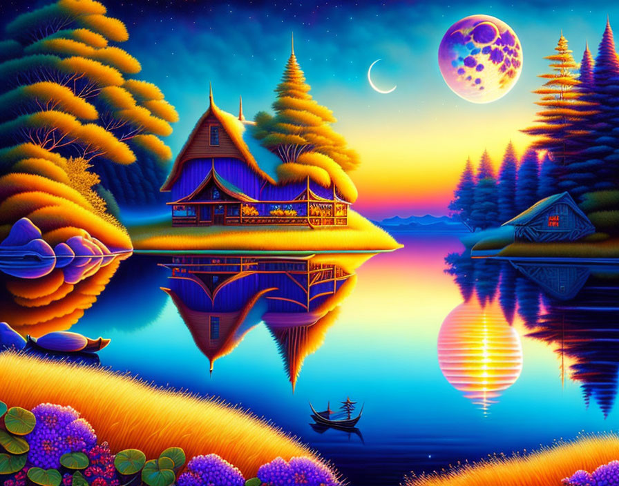 Scenic lakeside landscape at night with illuminated cabin, boat, vivid flora, and detailed moon reflection