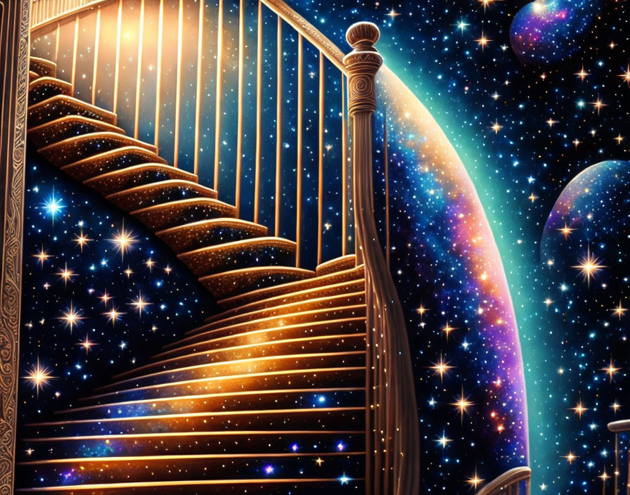 Ornate wooden staircase against cosmic backdrop with stars and colorful nebula