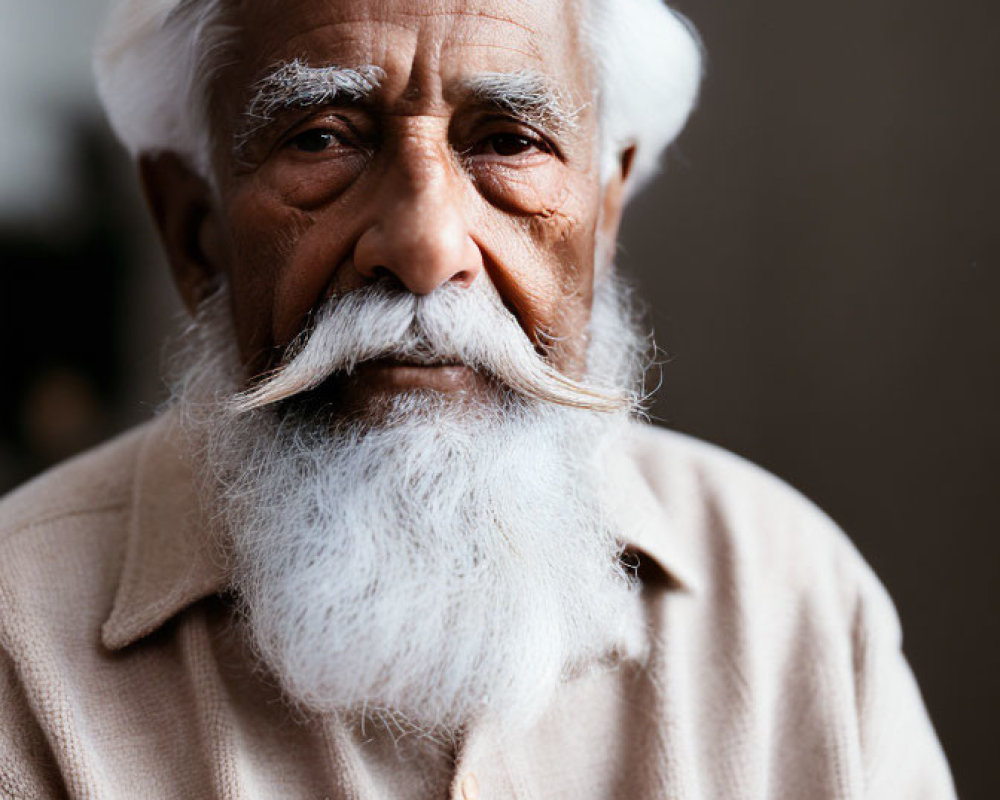 Elderly man with white beard and mustache in button-up shirt