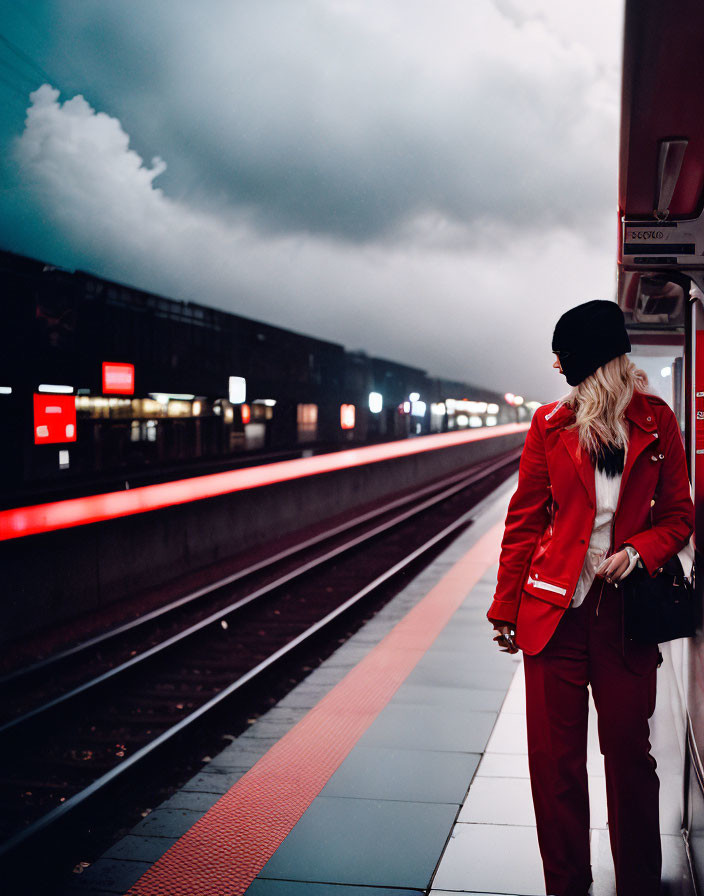 Person in Red Jacket and Black Hat on Train Platform with Vibrant Red Lights