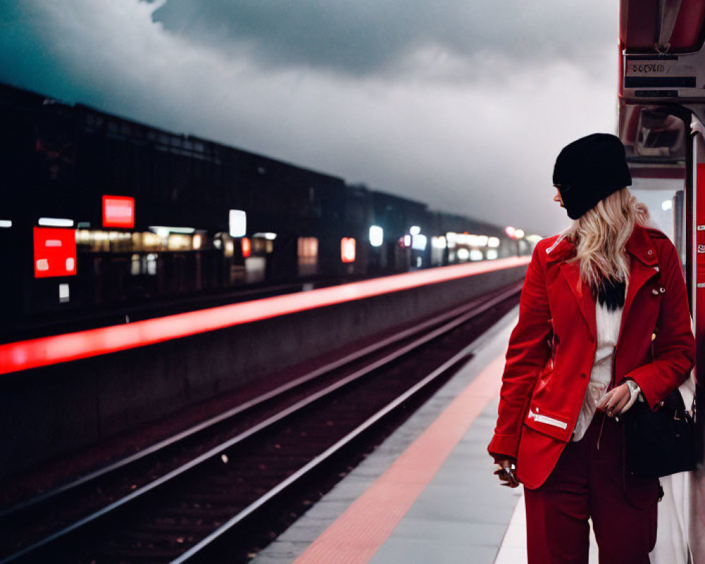 Person in Red Jacket and Black Hat on Train Platform with Vibrant Red Lights