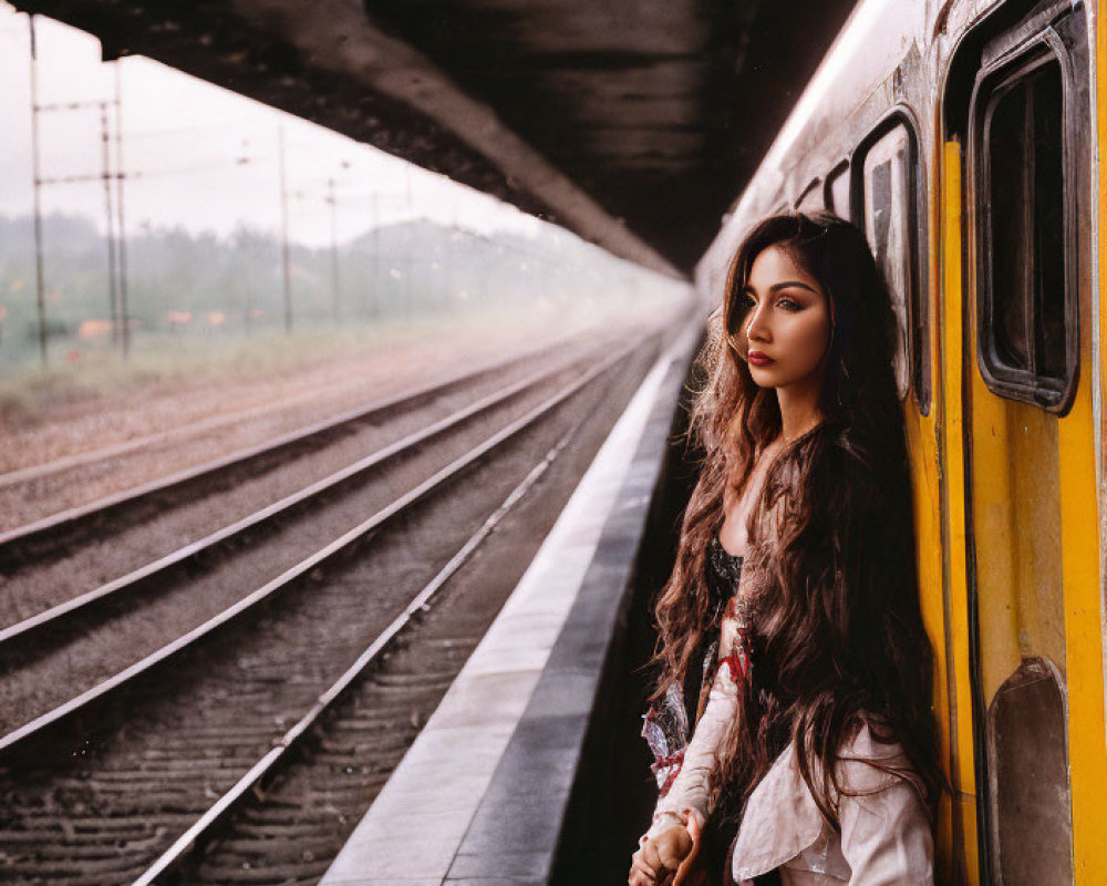 Woman leaning against yellow train at platform with wavy hair and bohemian outfit.