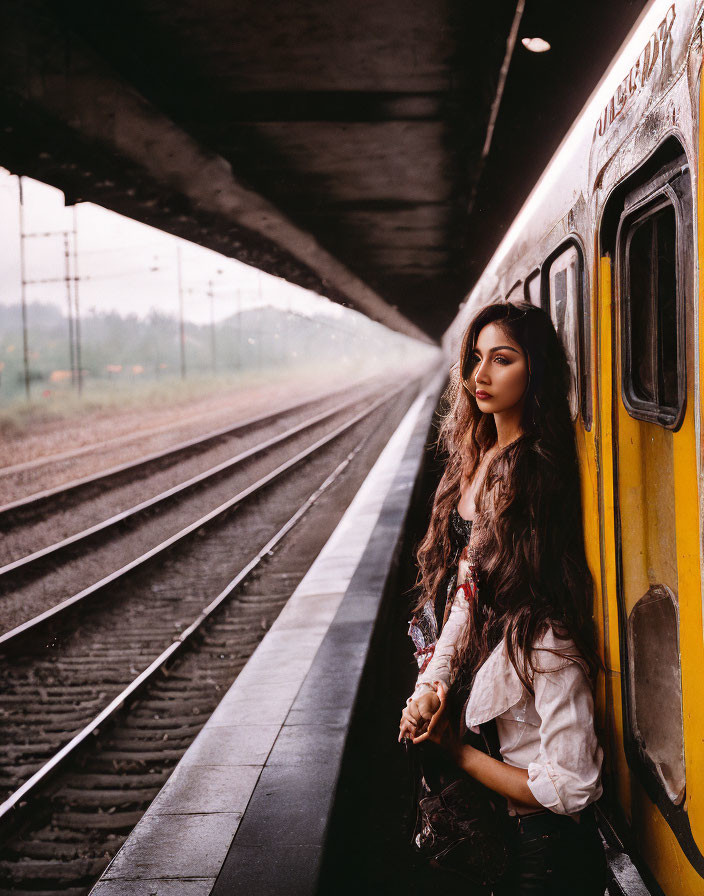 Woman leaning against yellow train at platform with wavy hair and bohemian outfit.