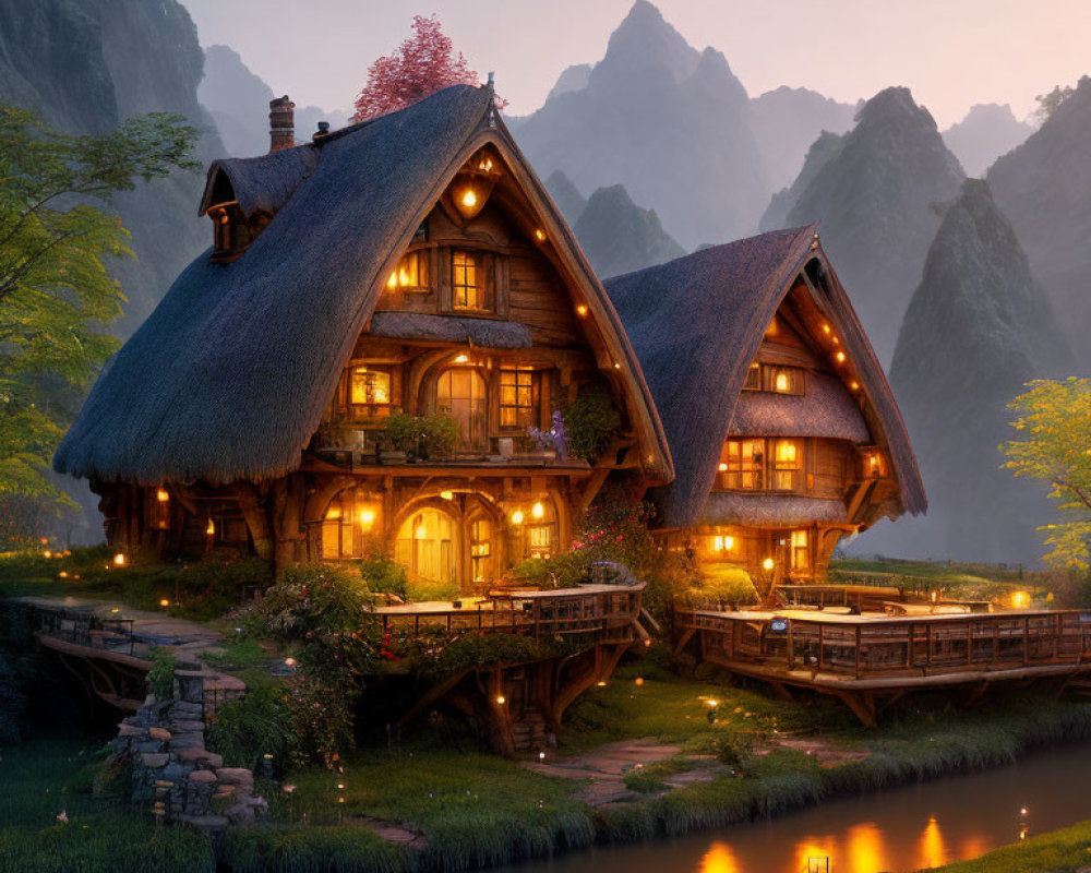 Thatched houses in fantasy setting among mountains at twilight