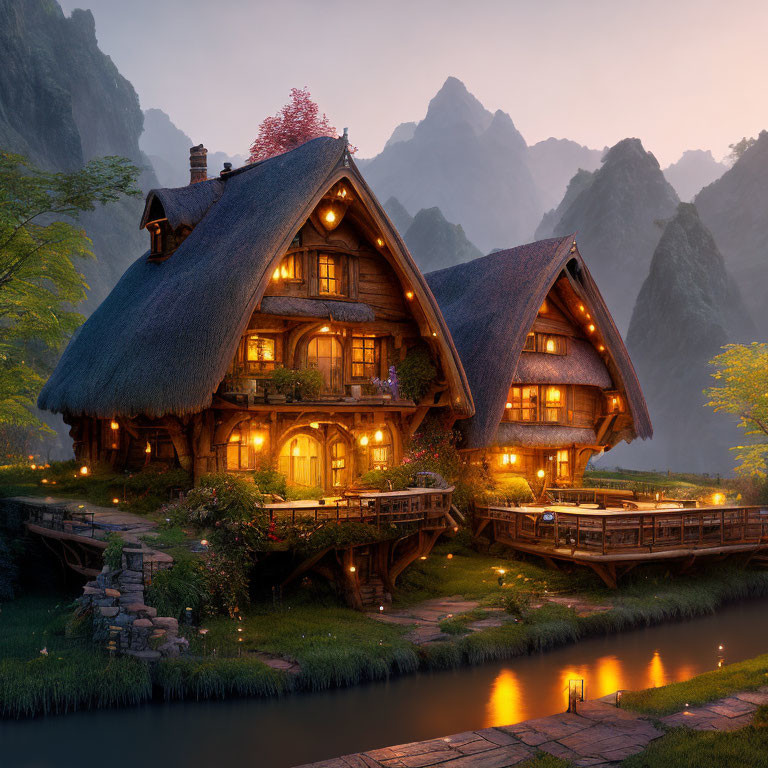 Thatched houses in fantasy setting among mountains at twilight