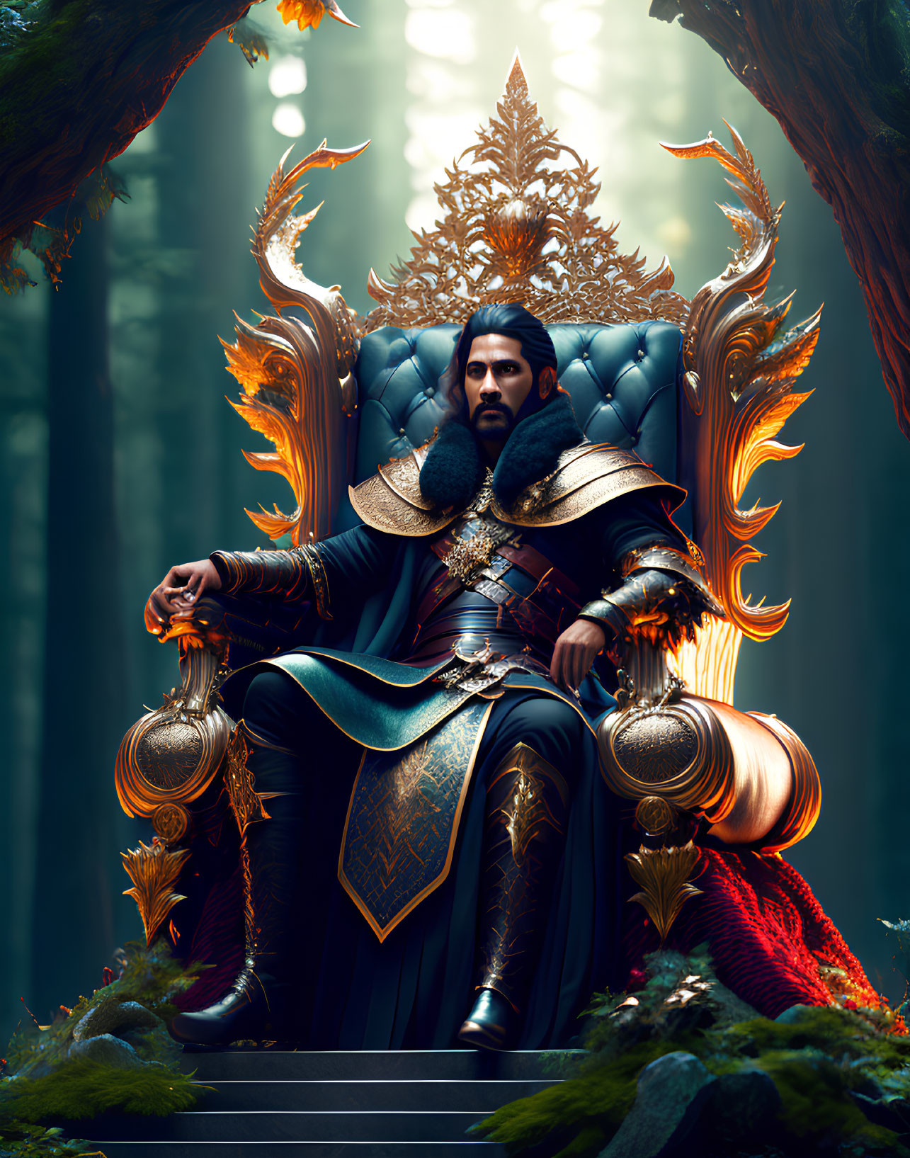 Regal figure in ornate armor on majestic throne in mystical forest