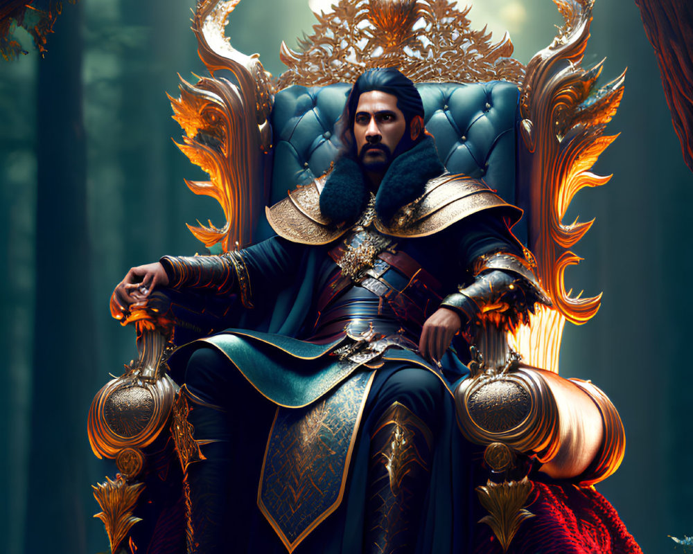 Regal figure in ornate armor on majestic throne in mystical forest