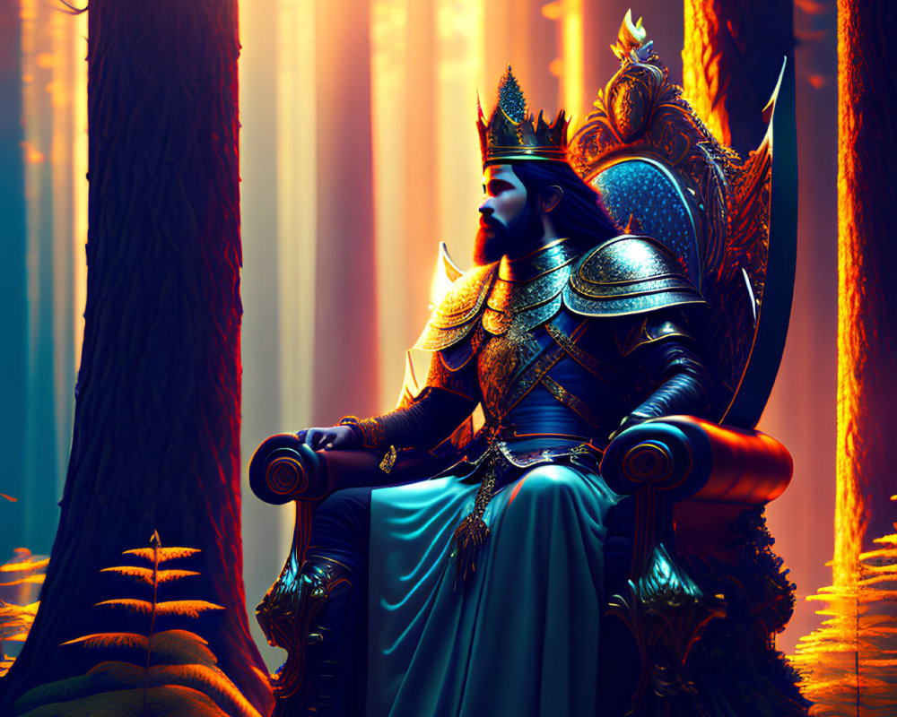 Armored king on throne in mystical forest bathed in sunlight