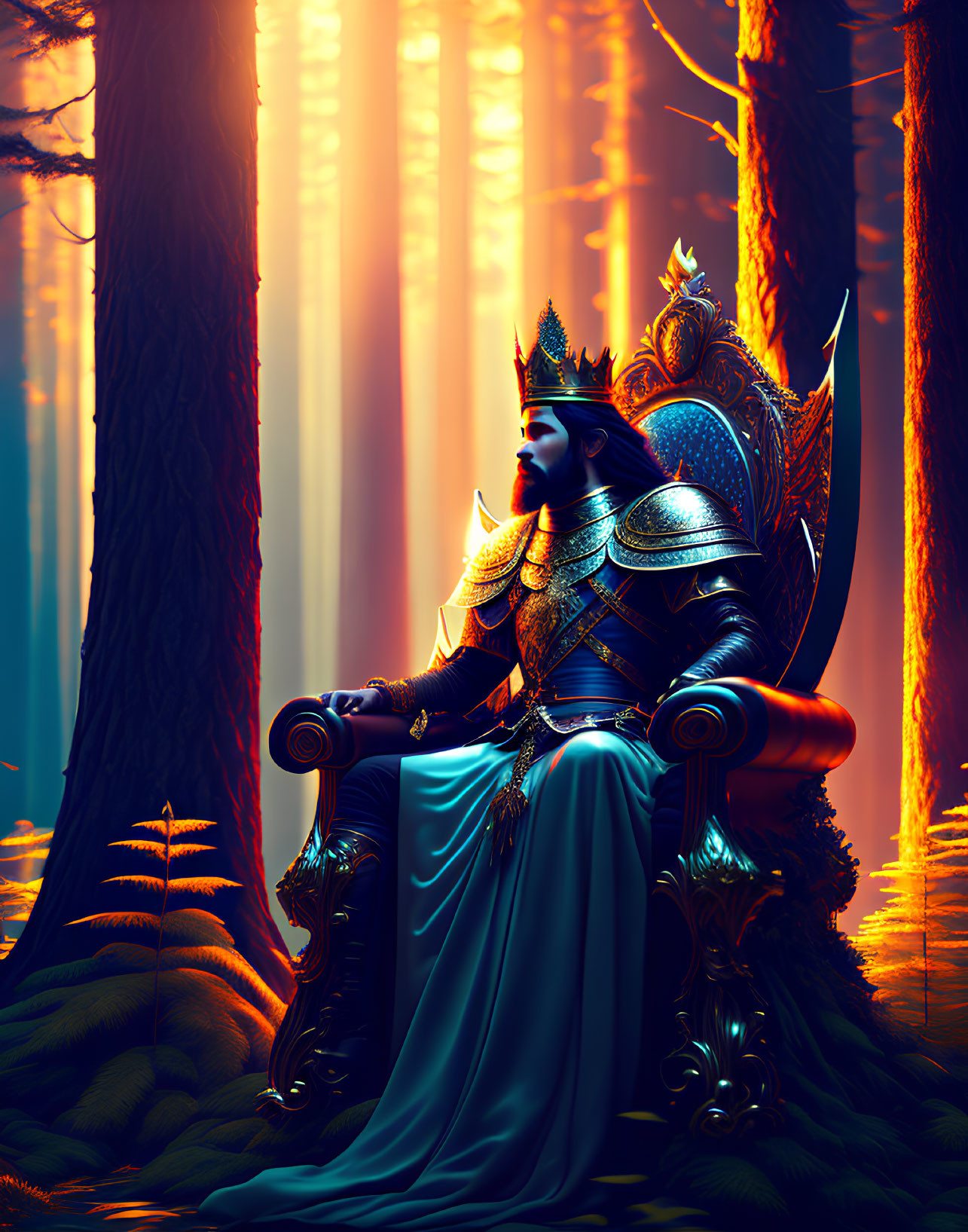 Armored king on throne in mystical forest bathed in sunlight