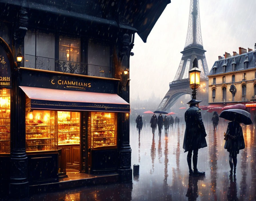 Rainy Evening in Paris: Umbrellas, Shopfront Lights, Eiffel Tower Background