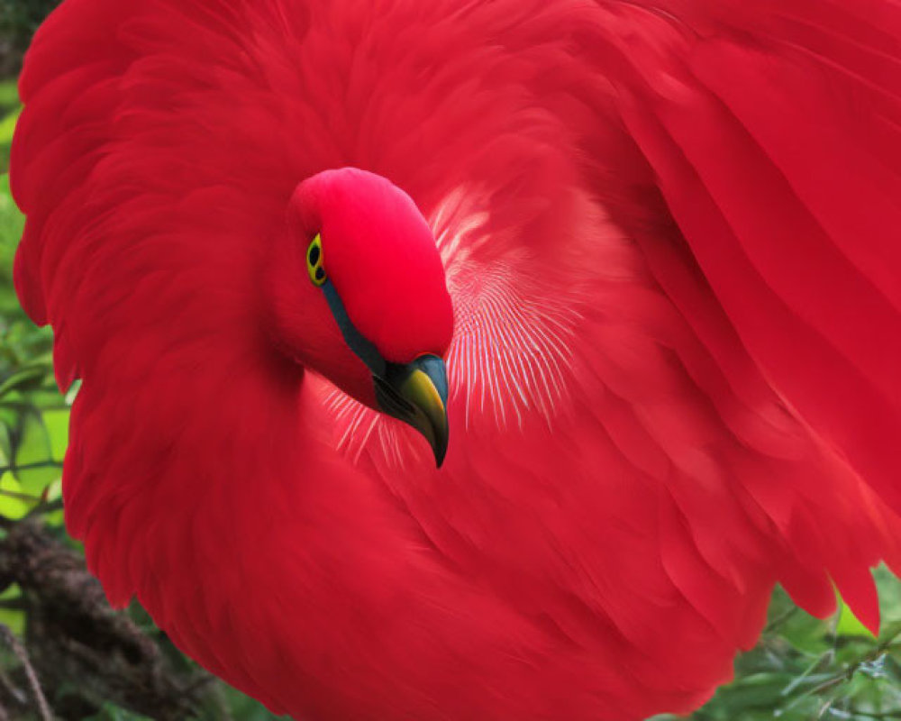 Colorful red bird with green eye area and yellow beak in green foliage