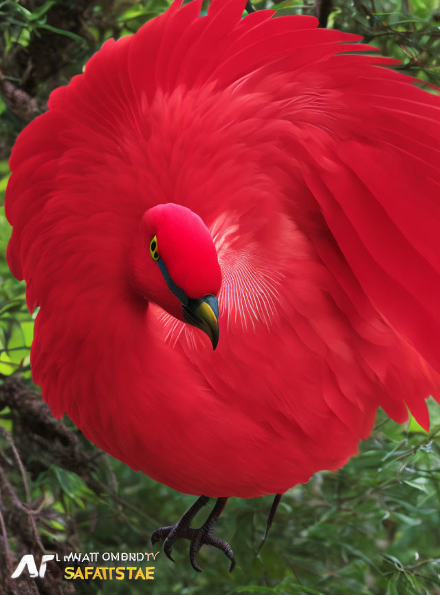 Colorful red bird with green eye area and yellow beak in green foliage