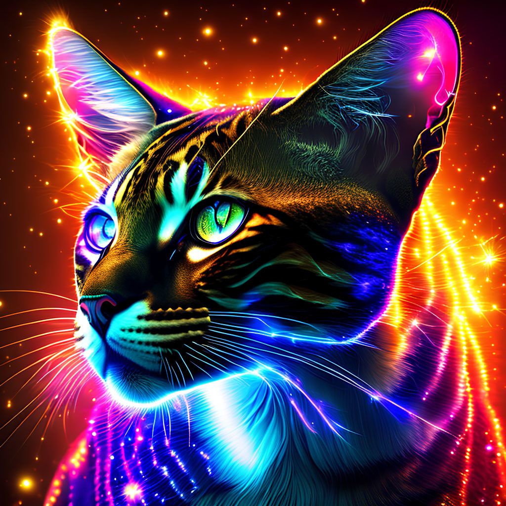 Colorful Neon Cat Art Against Glowing Starry Background