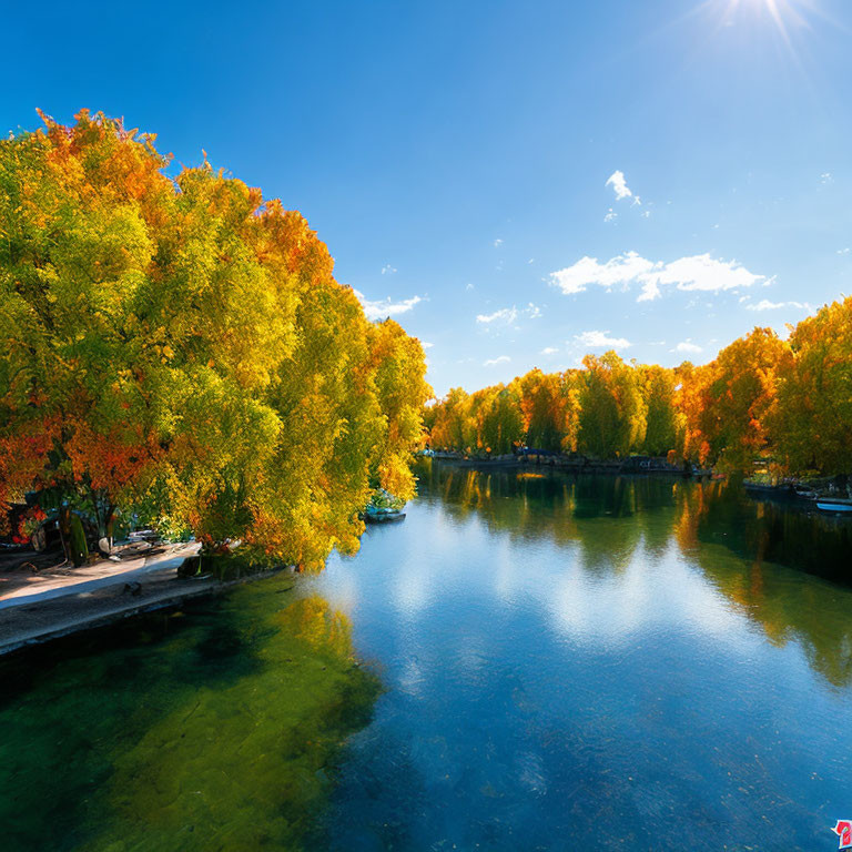 Tranquil lake with autumn trees and blue sky reflections