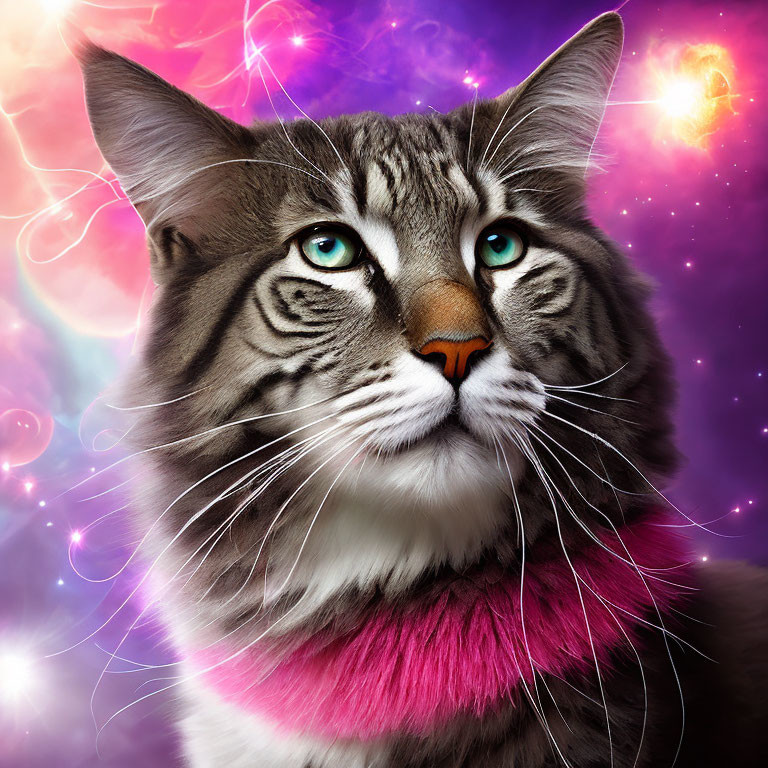 Realistic Gray Tabby Cat with Turquoise Eyes in Cosmic Scene