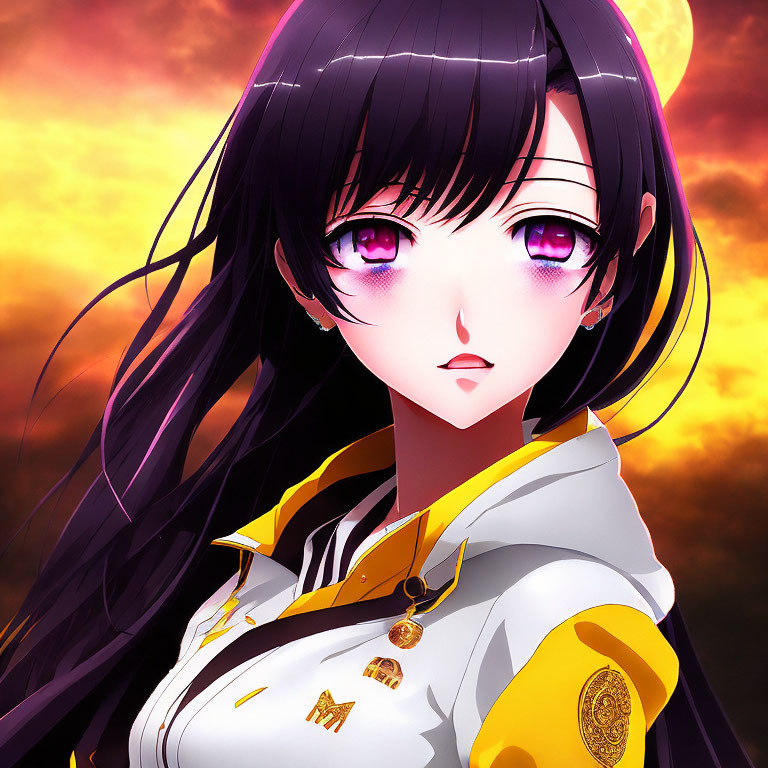 Anime-style girl with long black hair in yellow and white uniform against fiery sky.