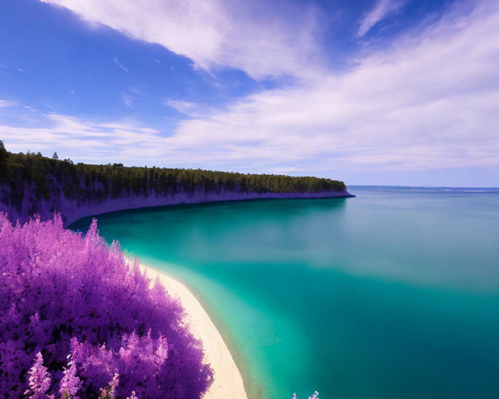 Scenic coastal landscape with wildflowers, turquoise sea, sandy shore, forests, and blue sky