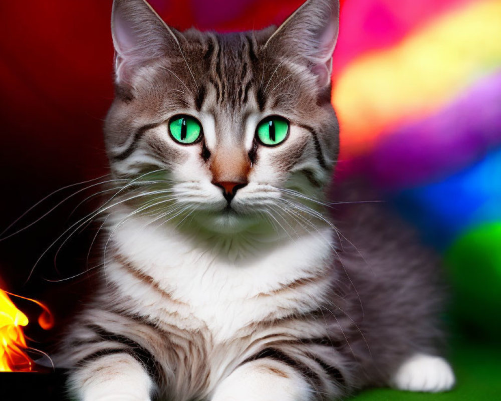 Gray tabby cat with green eyes against colorful backdrop