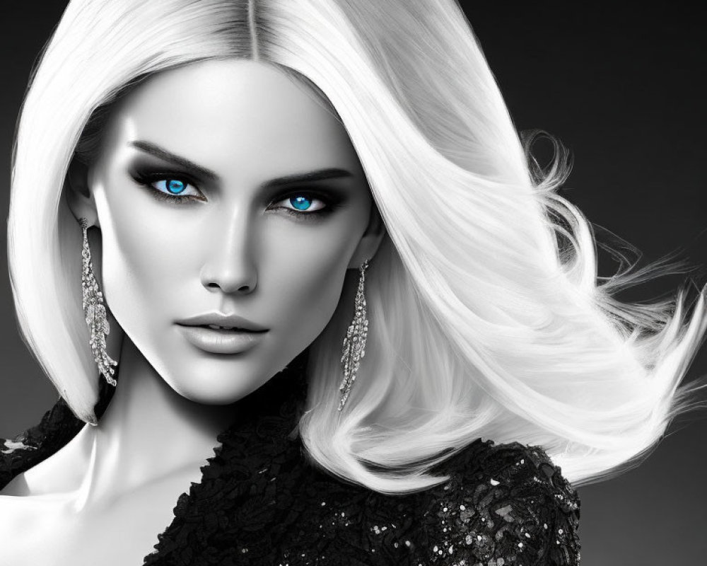 Monochrome image of woman with blue eyes and platinum blonde hair