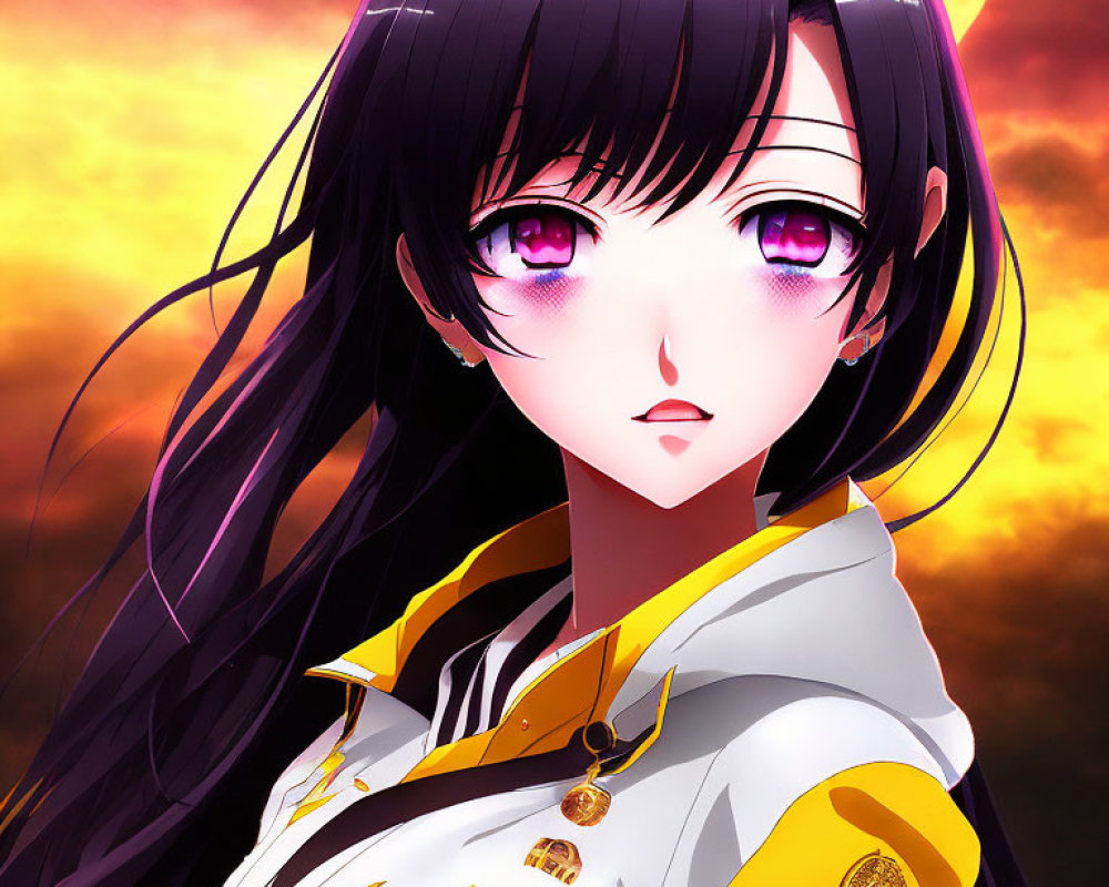 Anime-style girl with long black hair in yellow and white uniform against fiery sky.