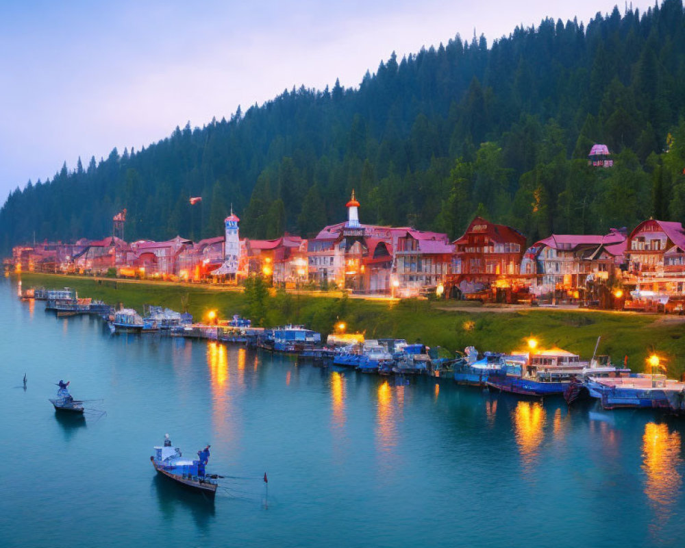 European-style lakeside town at twilight with forest backdrop and boats on water