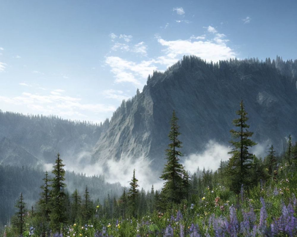 Majestic mountain landscape with mist, pine trees, wildflowers, and blue sky