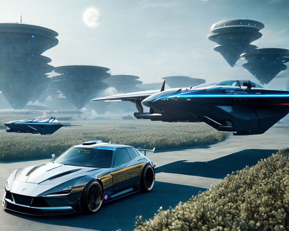 Futuristic sports car with flying vehicles, disk-shaped structures, and multiple moons in hazy sky