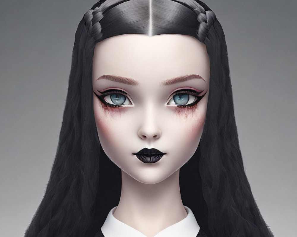 Digital art of female character with braided black hair, blue eyes, rosy cheeks, black lipstick