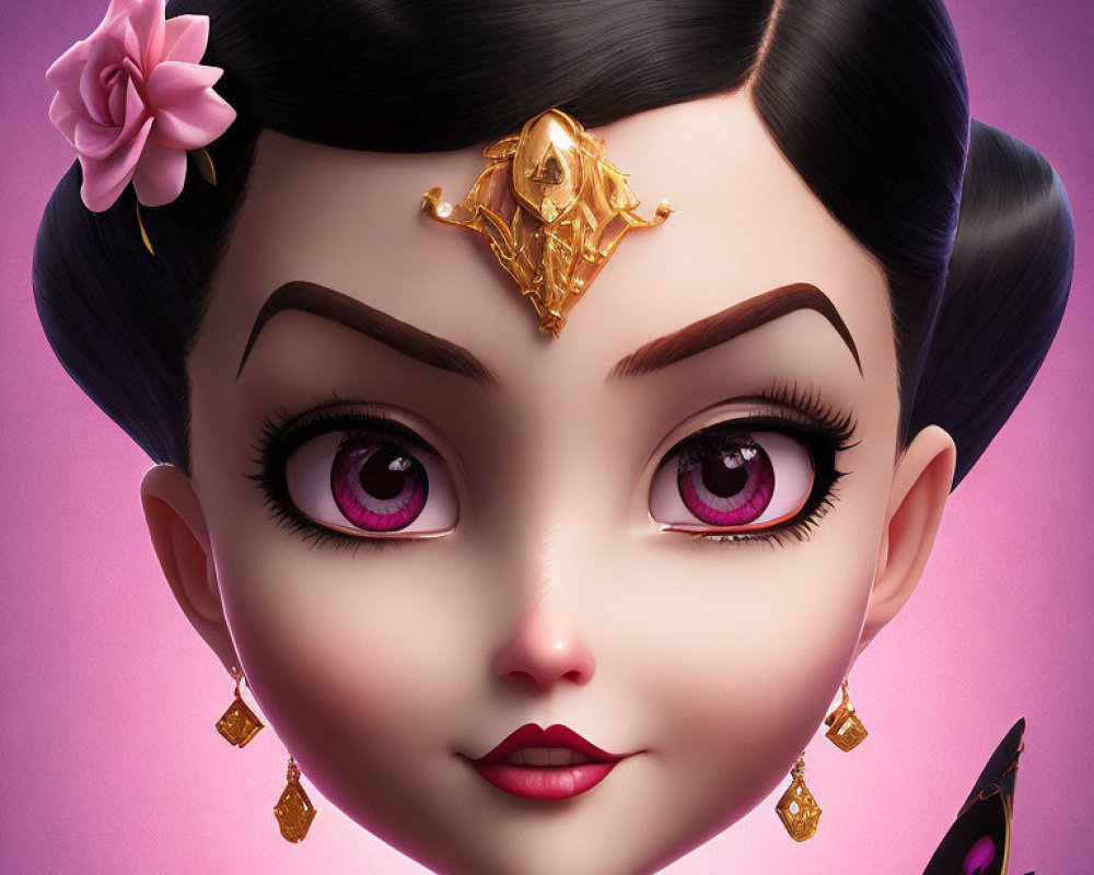 Digital portrait: Female character with purple eyes, gold tiara, earrings, and pink flower in hair