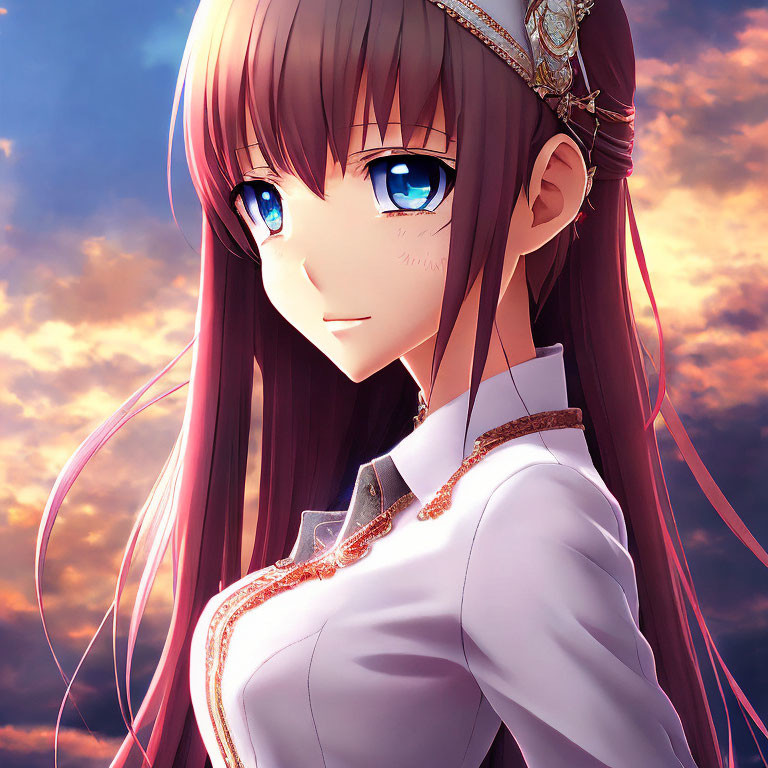 Anime girl with pink hair and tiara in white outfit under sunset sky