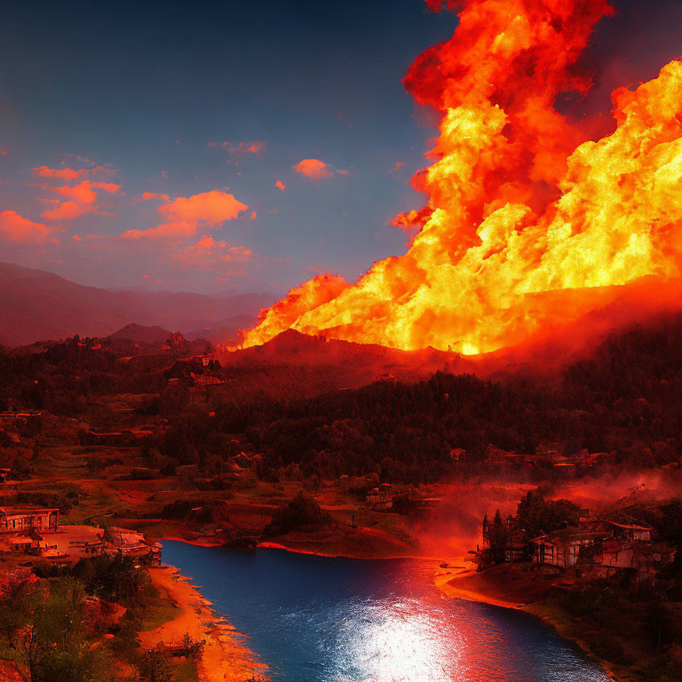 Massive wildfire on hillside with towering flames and smoke overlooking river and village at twilight