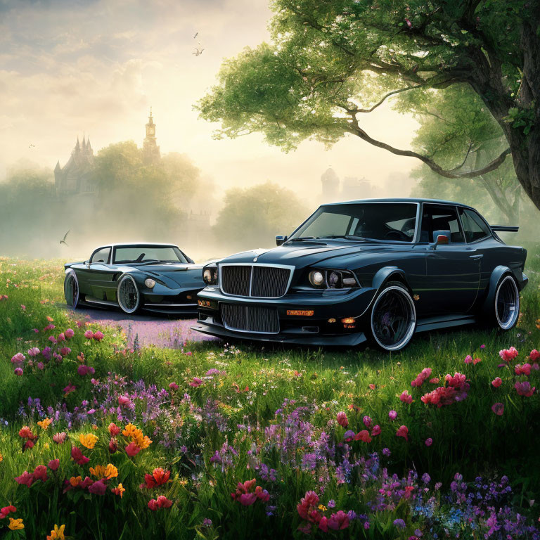 Classic Sports Cars in Meadow with Castle and Flowers at Sunrise