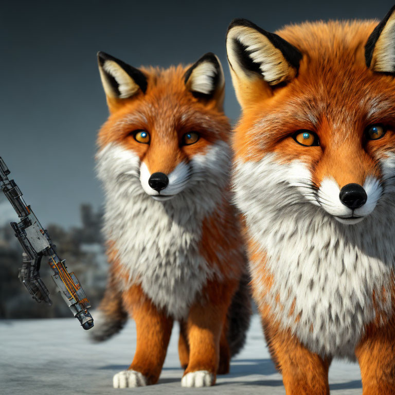 Two vibrant orange 3D-rendered foxes standing with futuristic weapon, blurred background