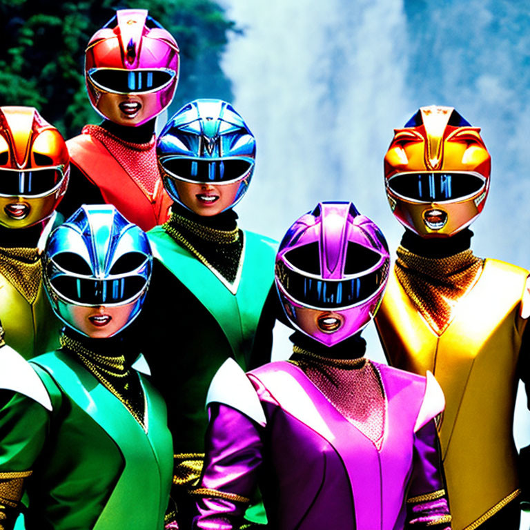 Colorful Power Rangers in action against misty backdrop