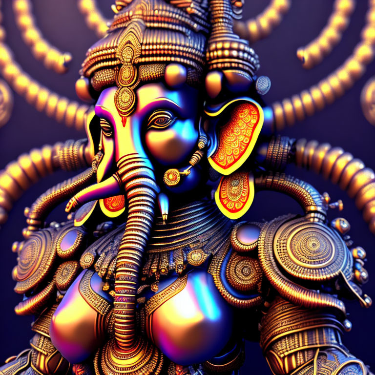 Detailed Metallic 3D Illustration of Multi-Armed Elephant-Headed Figure