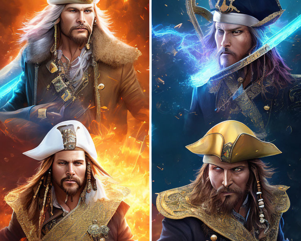 Four Pirate Character Artistic Depictions with Dramatic Lighting & Elemental Accents