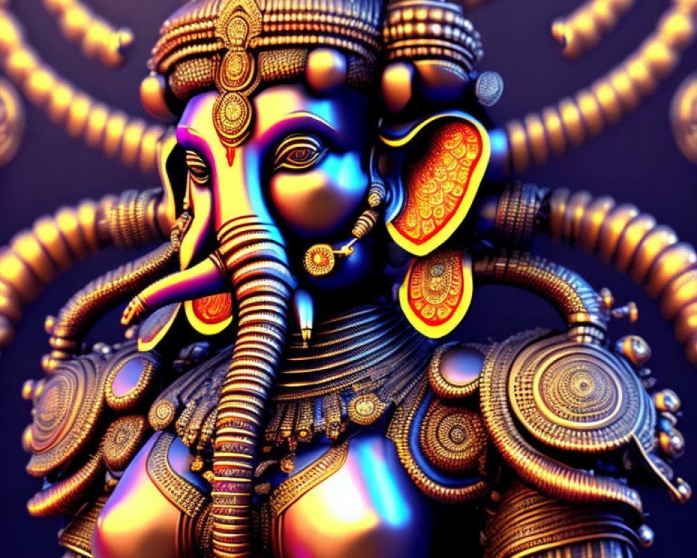 Detailed Metallic 3D Illustration of Multi-Armed Elephant-Headed Figure