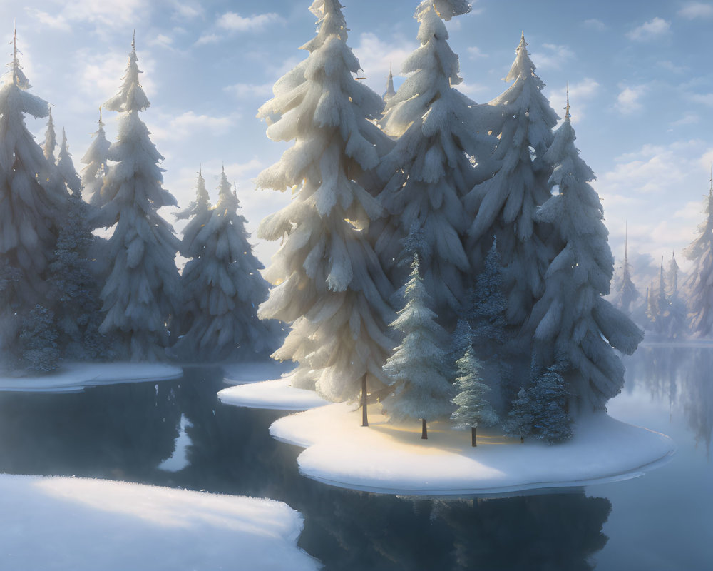 Snow-covered fir trees on small island in partially frozen lake under soft sunlight