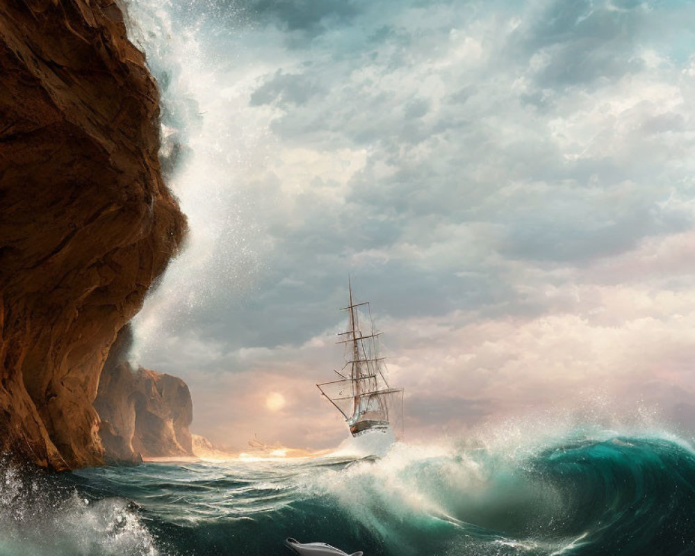 Tall ship sailing turbulent seas near towering cliff under dramatic sky