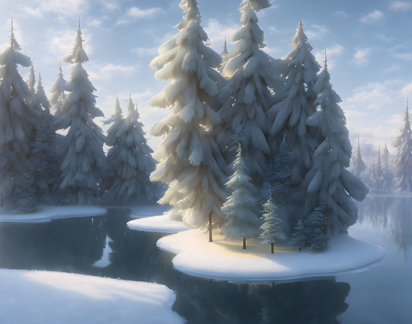 Snow-covered fir trees on small island in partially frozen lake under soft sunlight