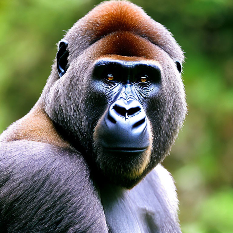 Silverback gorilla with pensive expression against green background