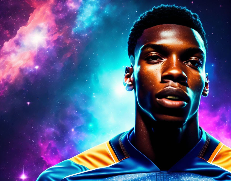 Vibrant cosmic background with young man portrait in vivid hues