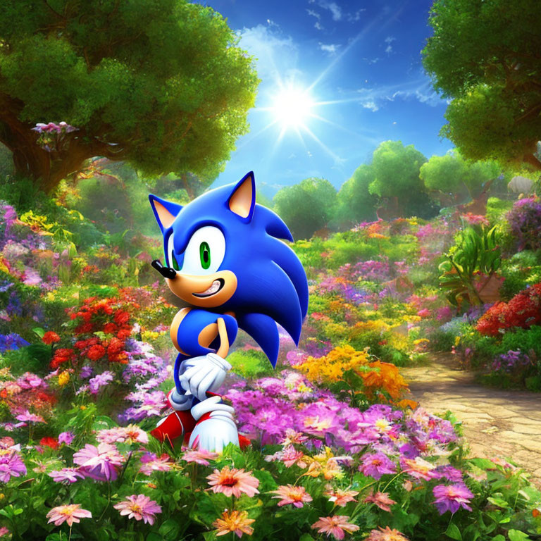 Sonic the Hedgehog in colorful flower garden with sunny sky