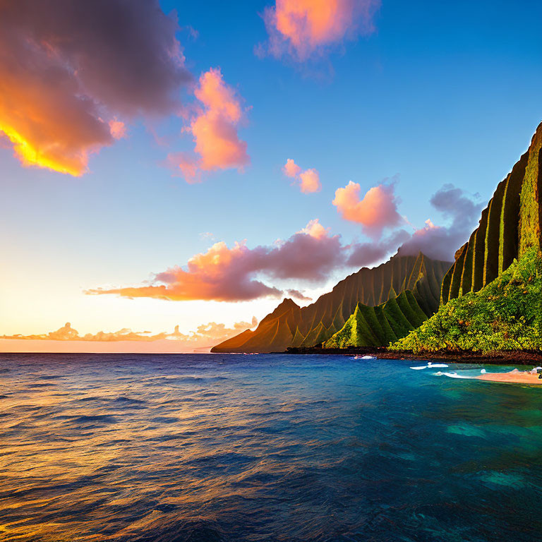 Colorful ocean sunset with pink clouds and lush cliff scenery