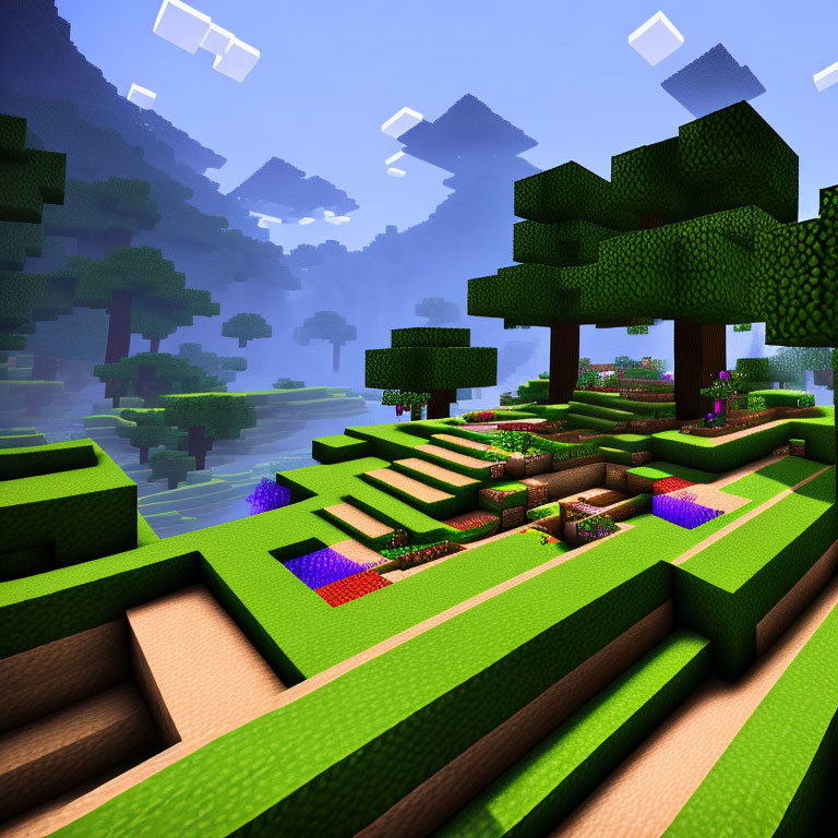 Colorful Minecraft landscape with blocky trees, river, garden, and pixelated sky