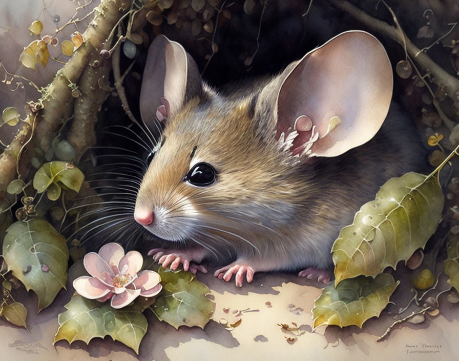 Realistic mouse illustration peeking through foliage and flowers