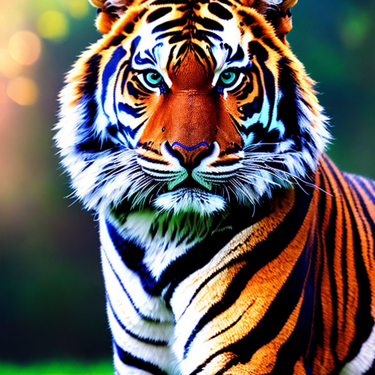 Majestic tiger with vibrant orange, black, and white stripes in green background