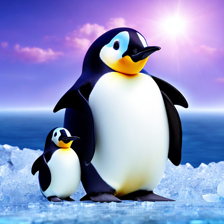 Cartoon penguins on ice under hazy blue sky